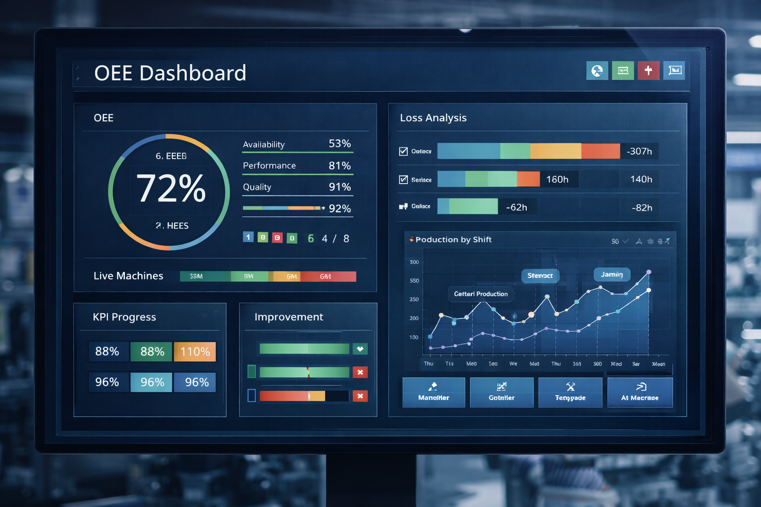 Engineer looking at analytics dashboard in a modern factory office