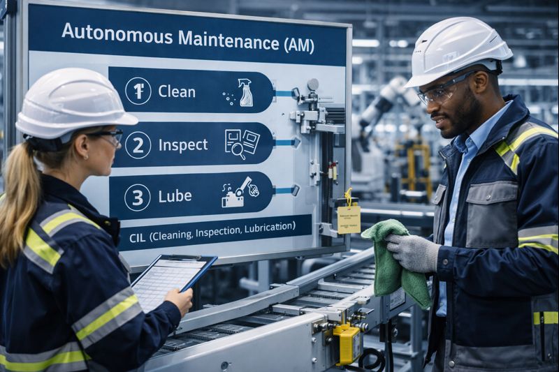 Operators inspecting conveyor equipment on a line