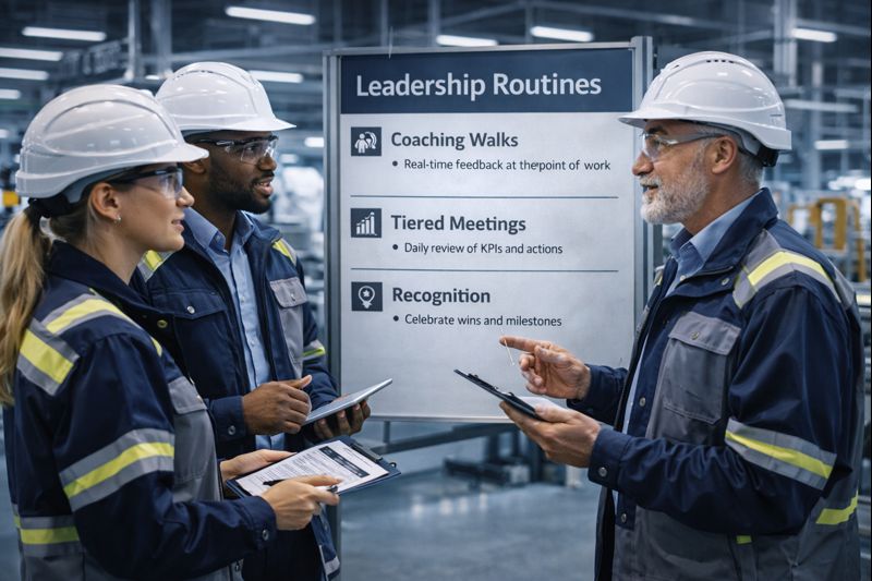 Team of people in a workshop looking at charts